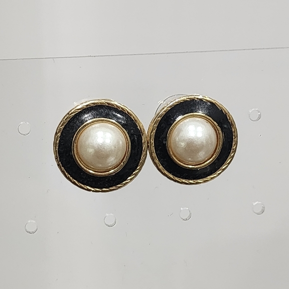 Vintage Gold-Tone Button Earrings with Pearl Center and Black Enamel - Picture 1 of 5